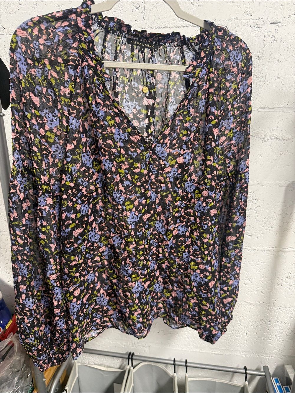 CABALLERO Floral V-Neck Blouse — Black with Pink, Blue & Lime Accent - Large